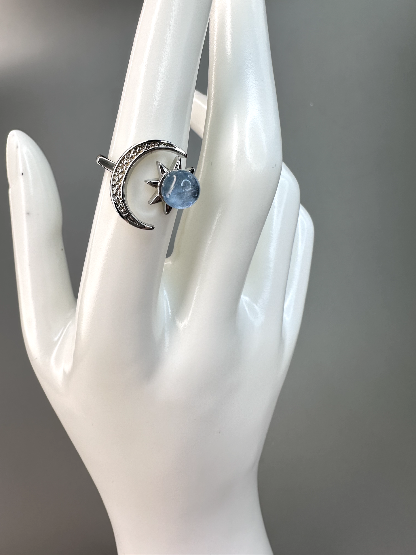 Aquamarine Sun and Moon Ring | Adjustable | Silver Plated