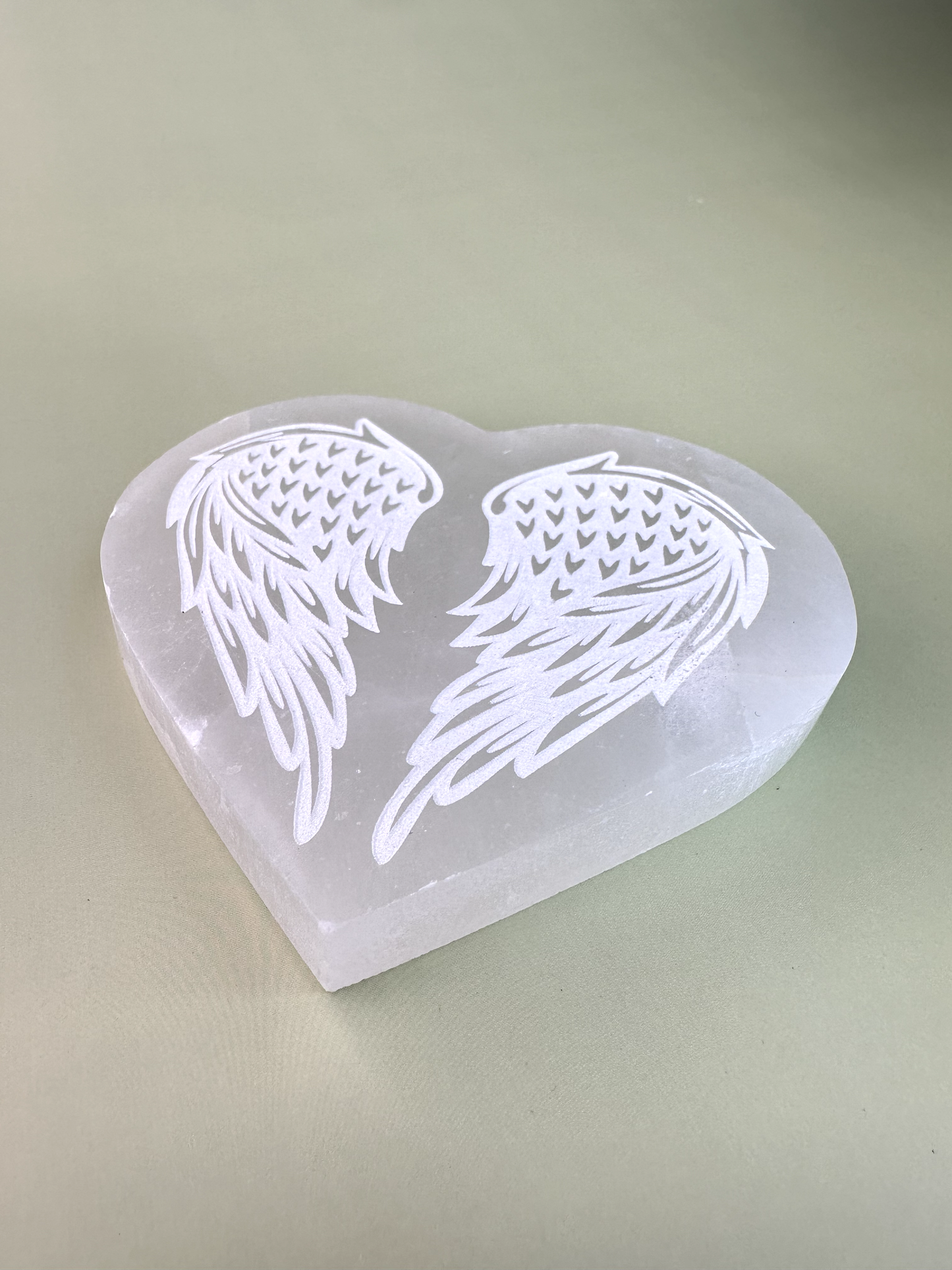 Satin Spar (Selenite) Heart w/ Wings Coaster