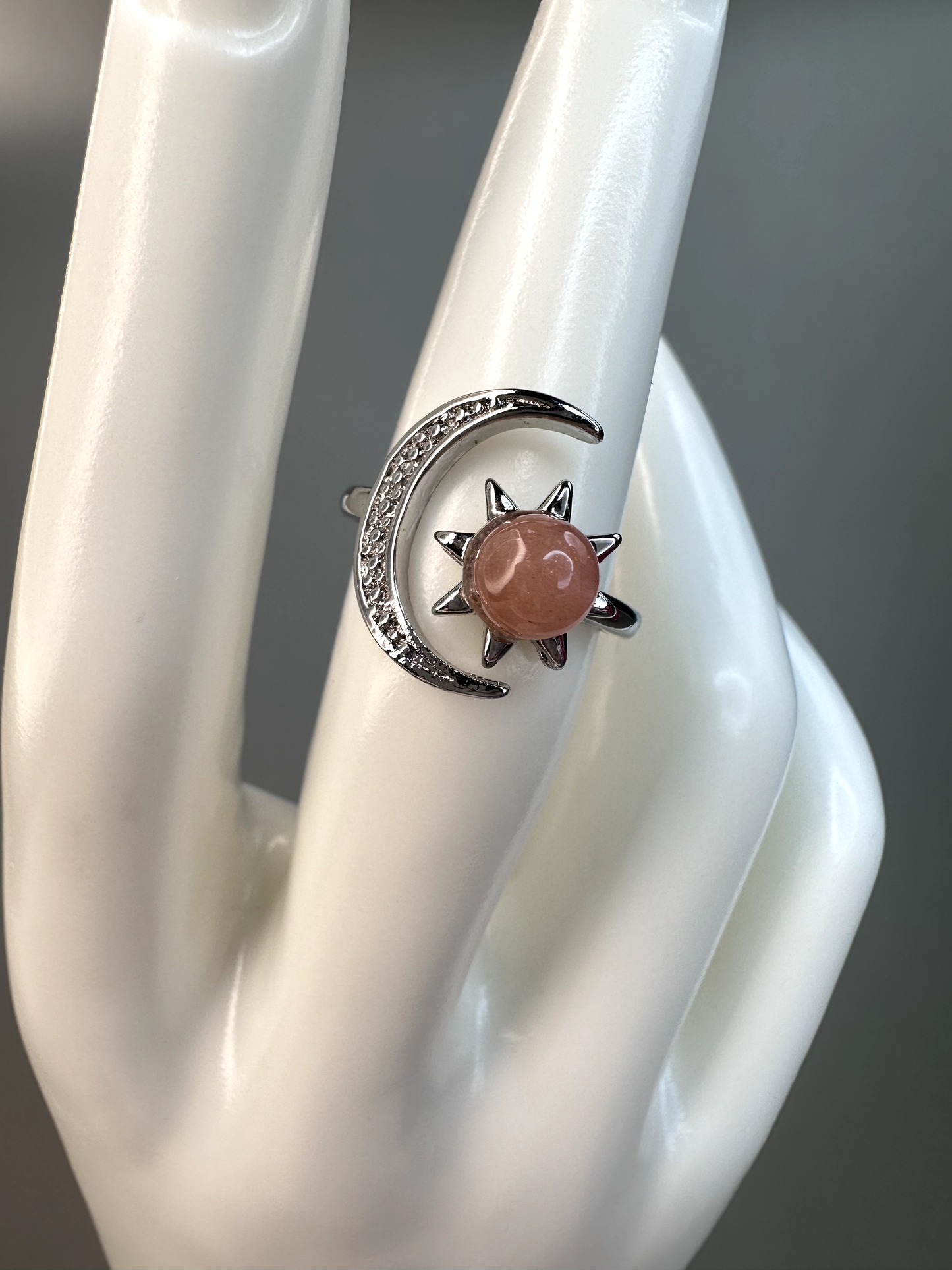 Peach Moonstone Sun and Moon Ring | Adjustable | Silver Plated | Flashy