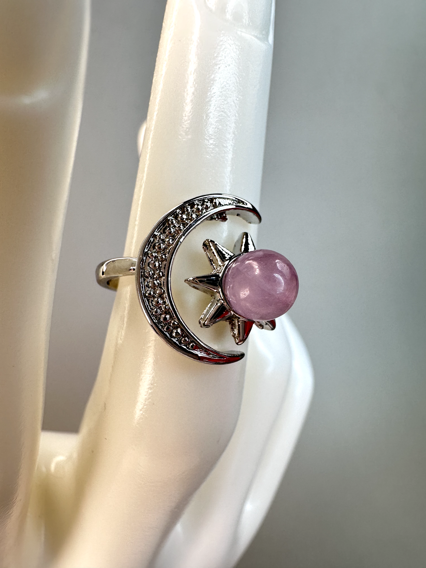 Kunzite Sun and Moon Ring | Adjustable | Silver Plated