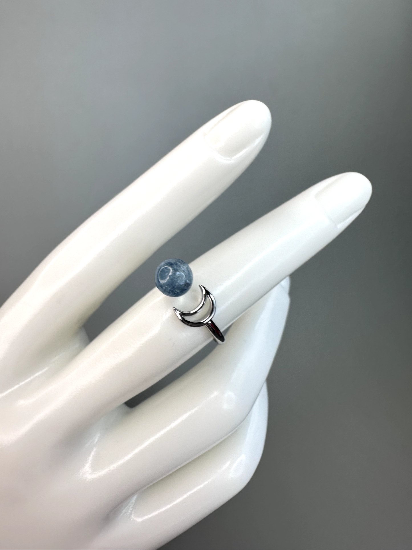 Aquamarine Moon Cutout Ring | Adjustable | Silver Plated