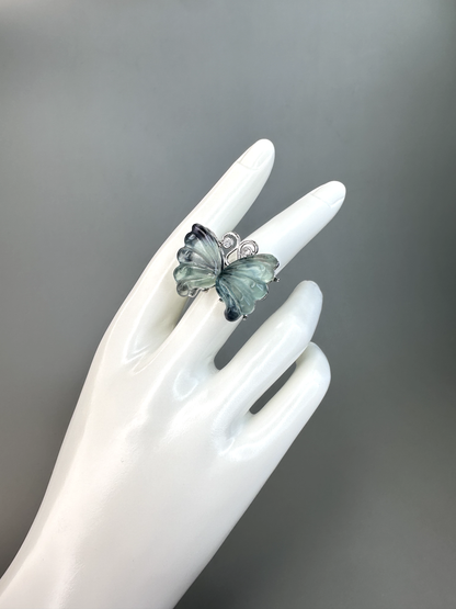 XL Green Fluorite Butterfly Rings | Adjustable | Silver Plated