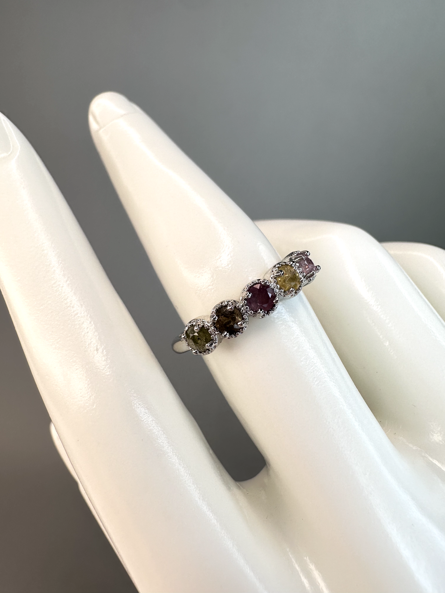 Watermelon Tourmaline Band Ring | Adjustable | Silver Plated