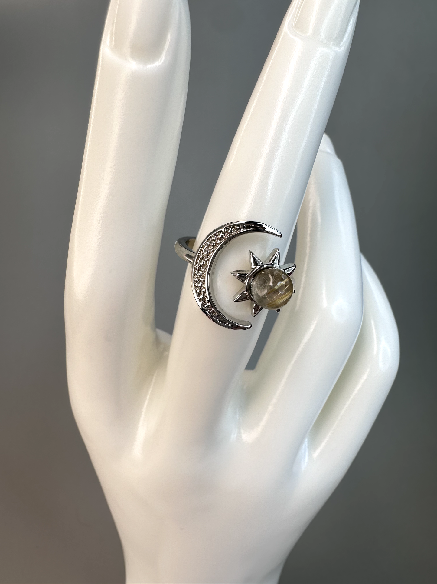 Golden Rutile Sun and Moon Ring | Adjustable | Silver Plated *RARE*