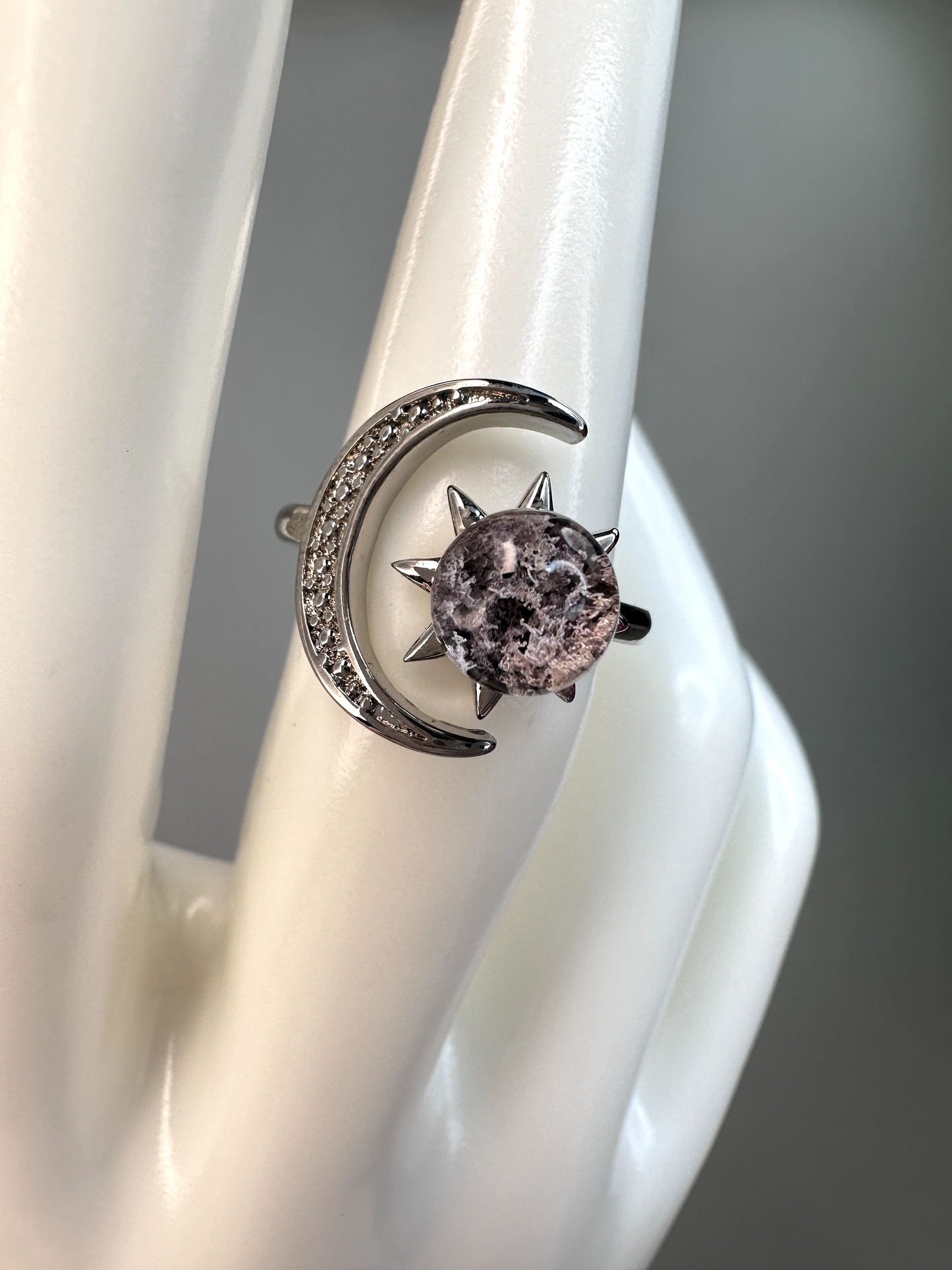 Lodalite (Garden Quartz) Sun & Moon Adjustable Ring 1 | Silver Plated