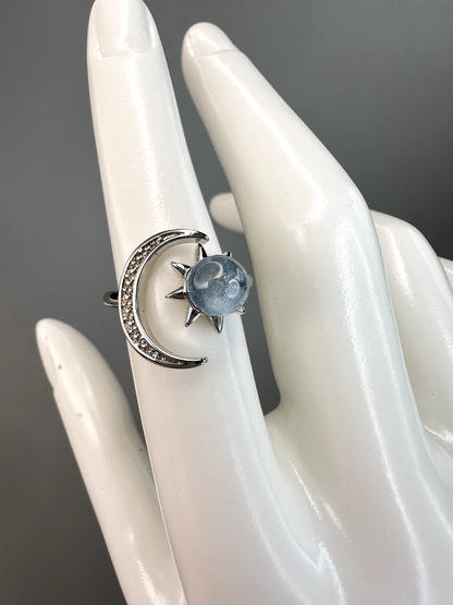 Aquamarine Sun and Moon Ring | Adjustable | Silver Plated