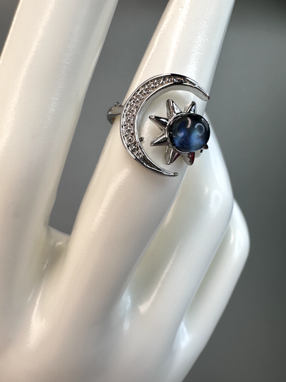 Labradorite Sun and Moon Ring | Adjustable | Silver Plated | Flashy