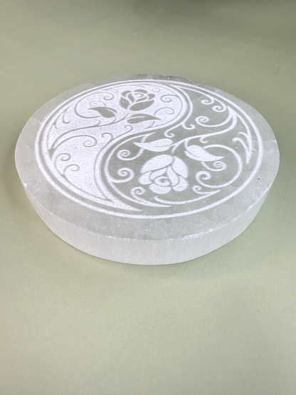 Satin Spar (Selenite) Yin Yang Rose Coaster