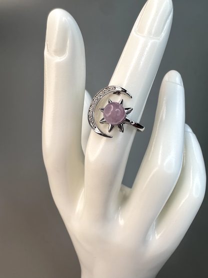 Kunzite Sun and Moon Ring | Adjustable | Silver Plated