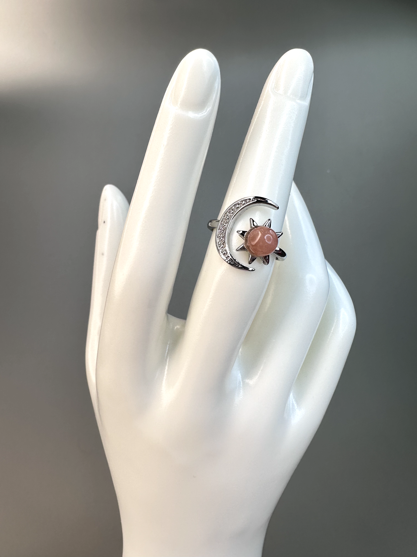 Peach Moonstone Sun and Moon Ring | Adjustable | Silver Plated | Flashy