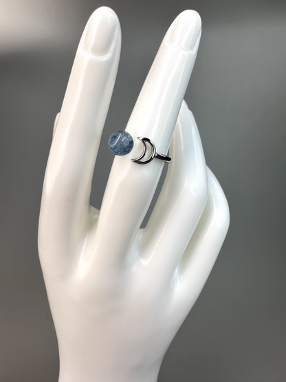 Aquamarine Moon Cutout Ring | Adjustable | Silver Plated