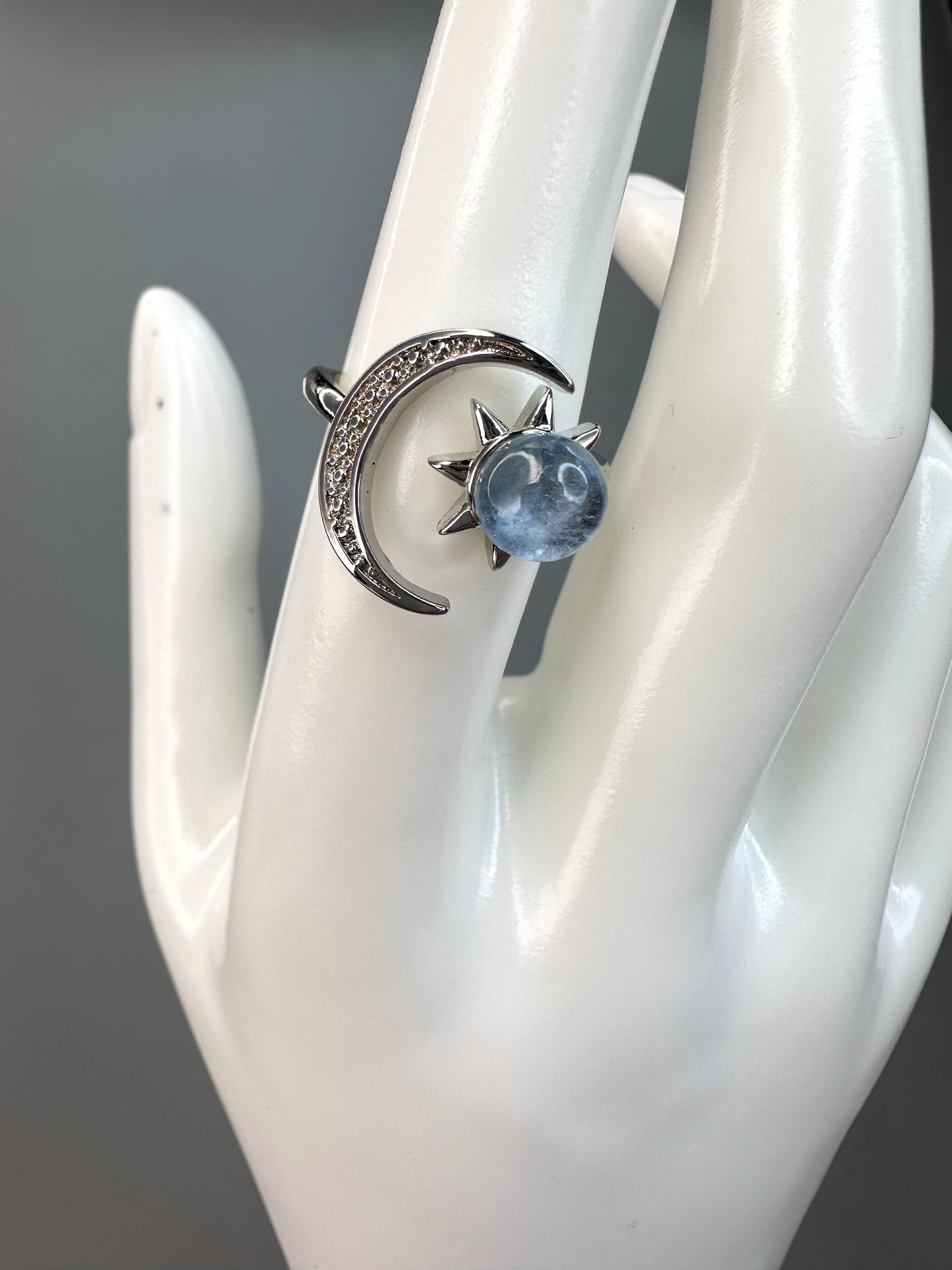 Aquamarine Sun and Moon Ring | Adjustable | Silver Plated