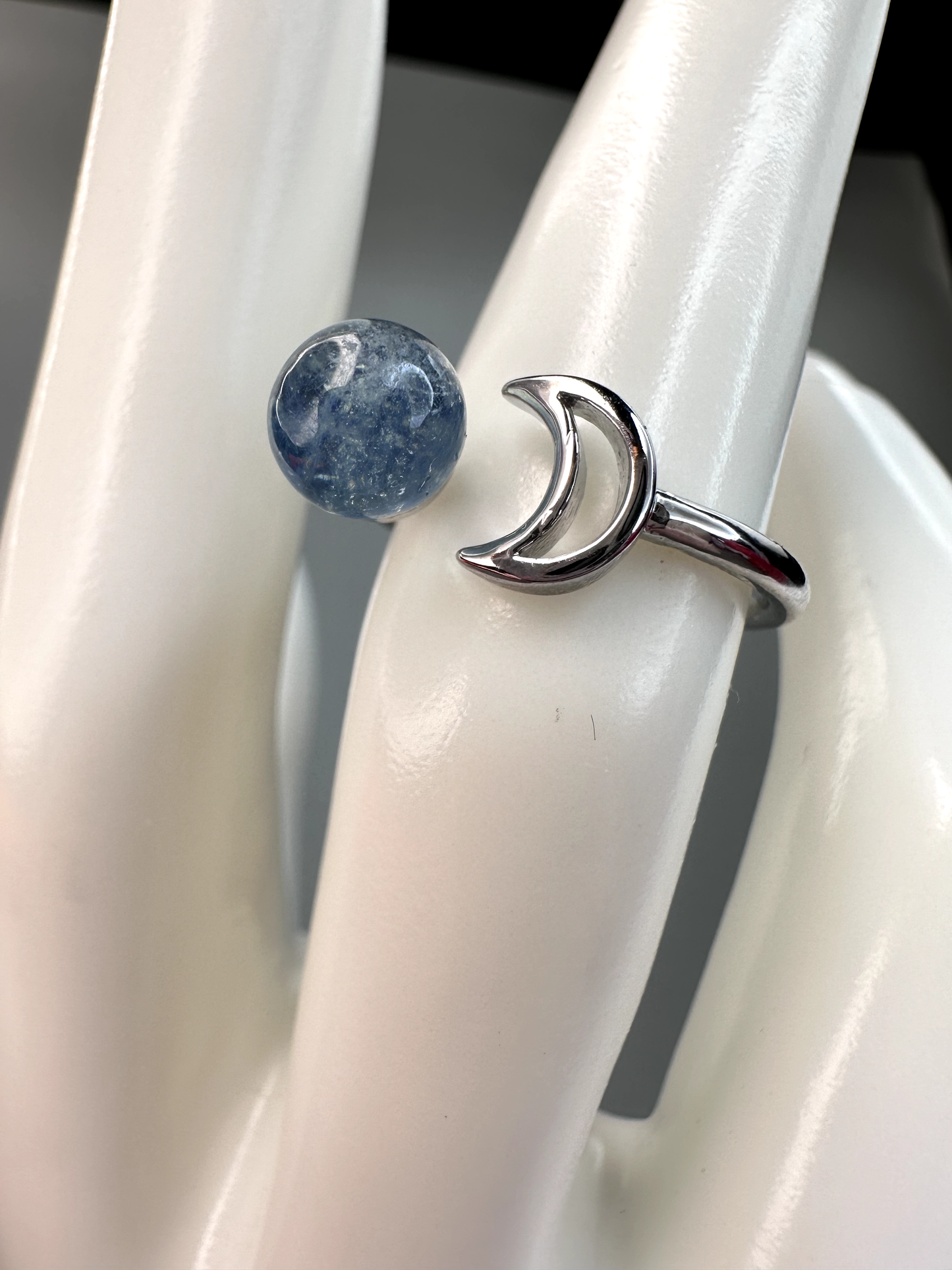 Aquamarine Moon Cutout Ring | Adjustable | Silver Plated