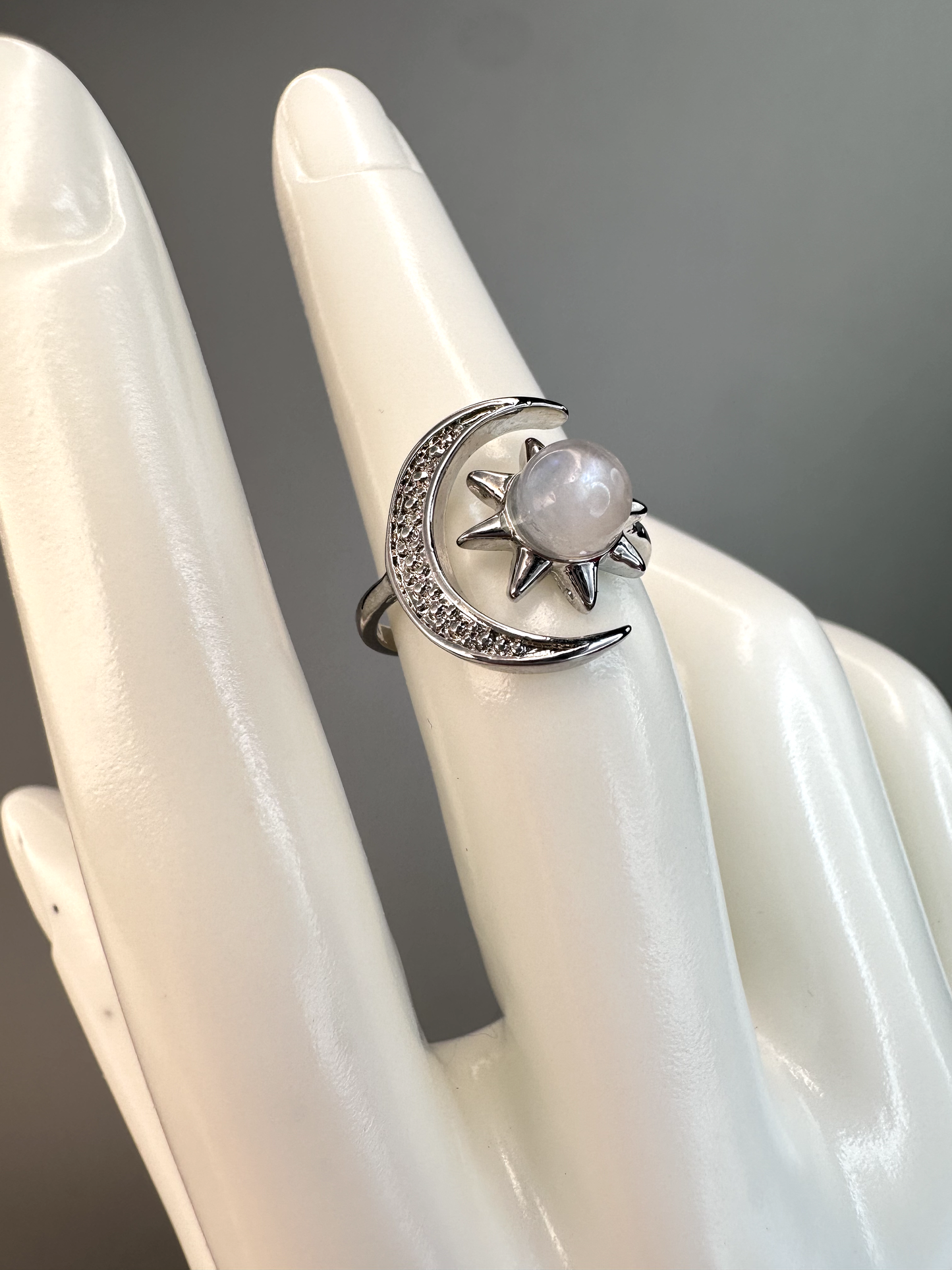 Moonstone Sun and Moon Ring | Adjustable | Silver Plated | Flashy