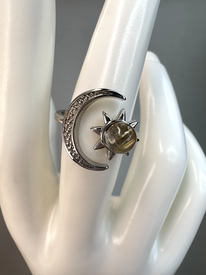 Golden Rutile Sun and Moon Ring | Adjustable | Silver Plated *RARE*