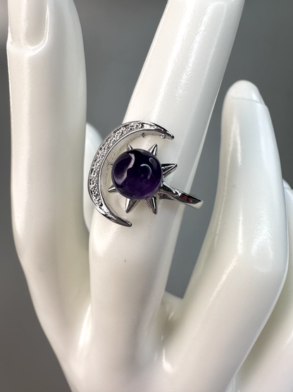 Amethyst Sun and Moon Ring | Adjustable | Silver Plated