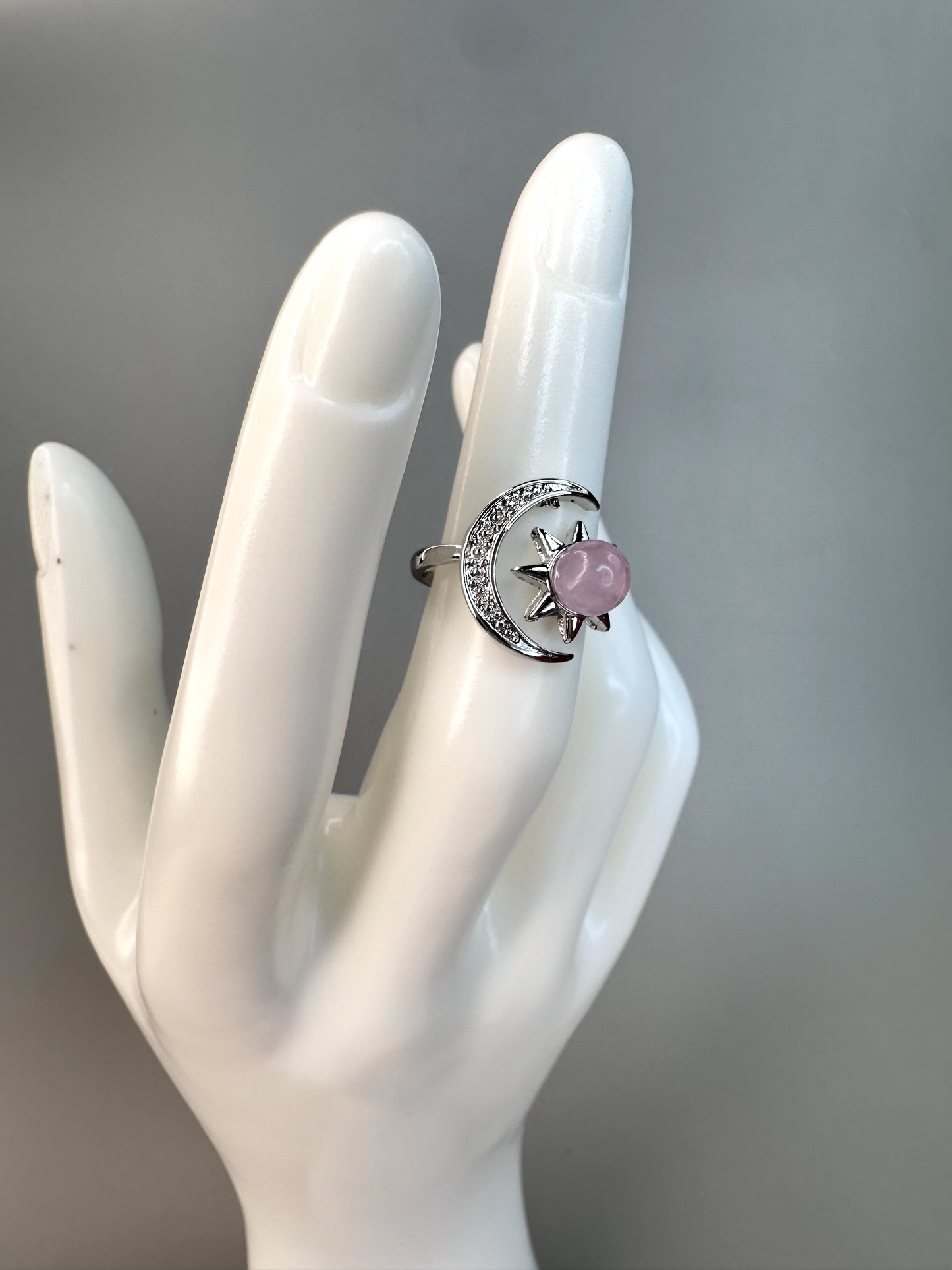 Kunzite Sun and Moon Ring | Adjustable | Silver Plated