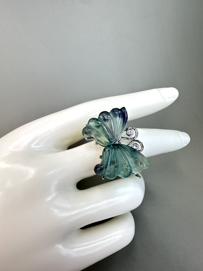 XL Green Fluorite Butterfly Rings | Adjustable | Silver Plated