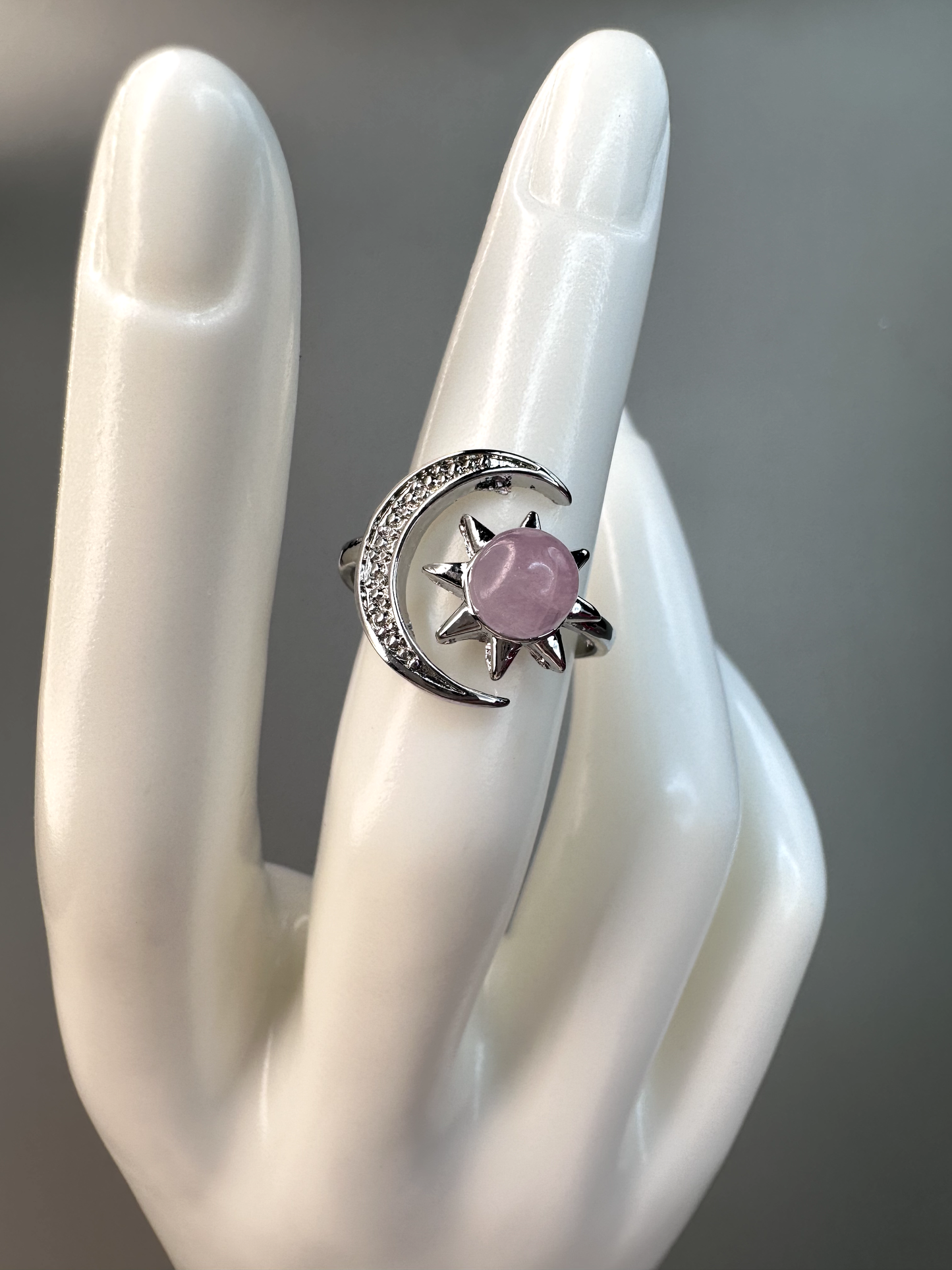 Kunzite Sun and Moon Ring | Adjustable | Silver Plated