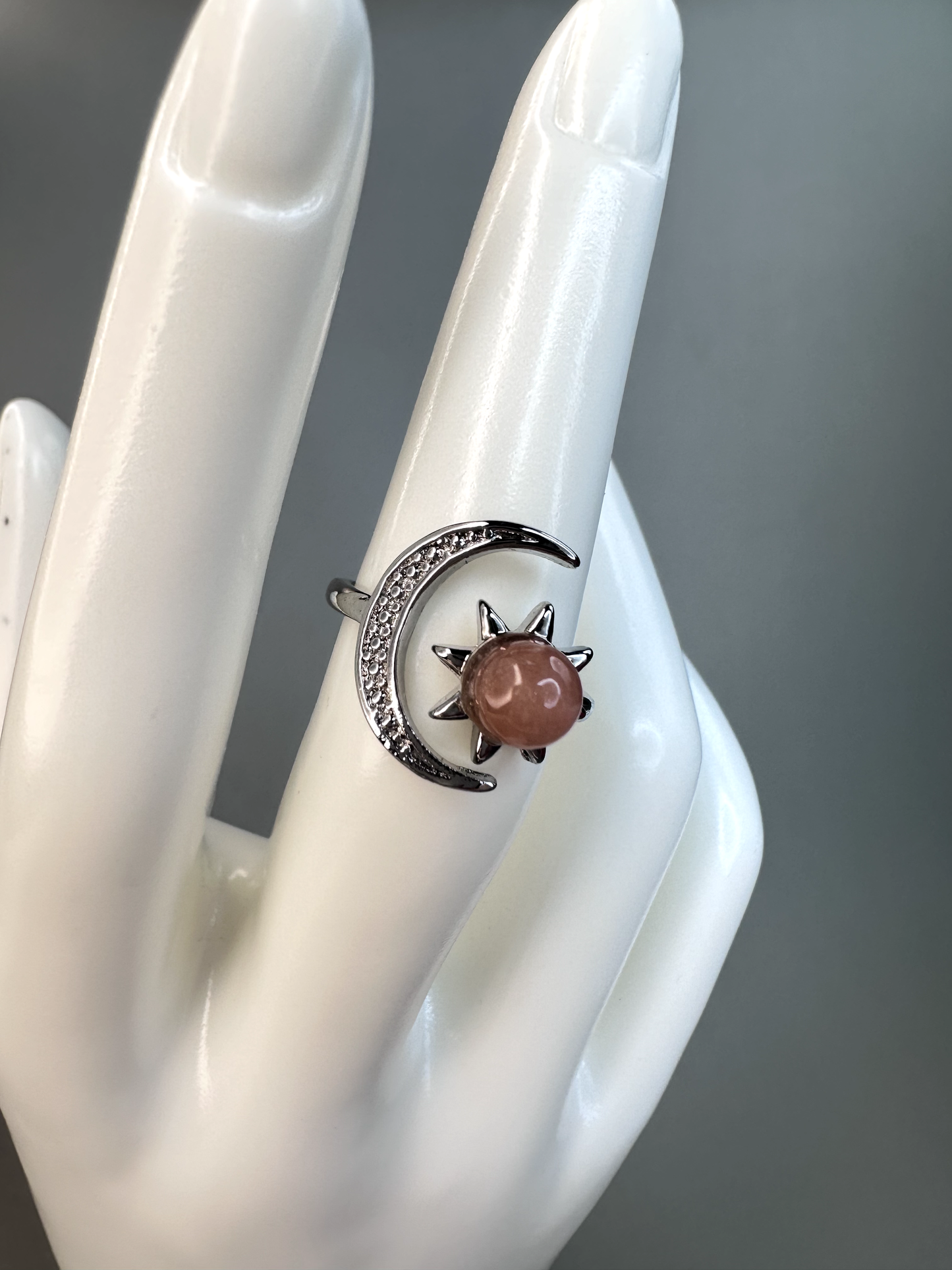 Peach Moonstone Sun and Moon Ring | Adjustable | Silver Plated | Flashy