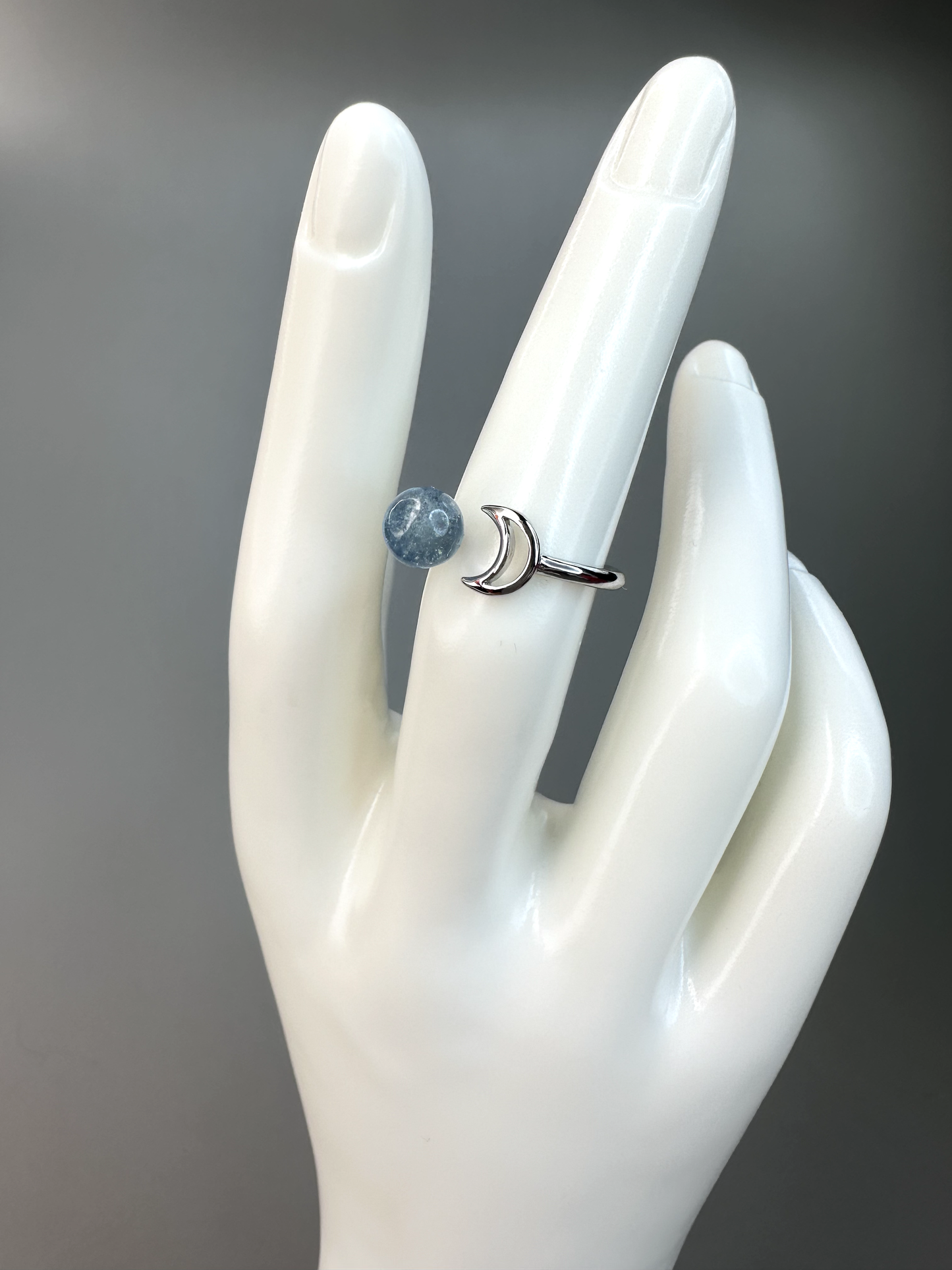 Aquamarine Moon Cutout Ring | Adjustable | Silver Plated