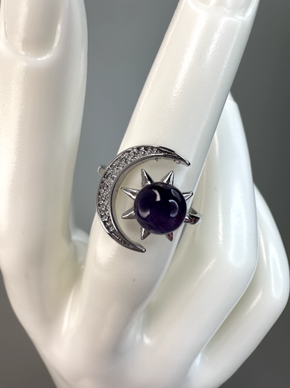 Amethyst Sun and Moon Ring | Adjustable | Silver Plated