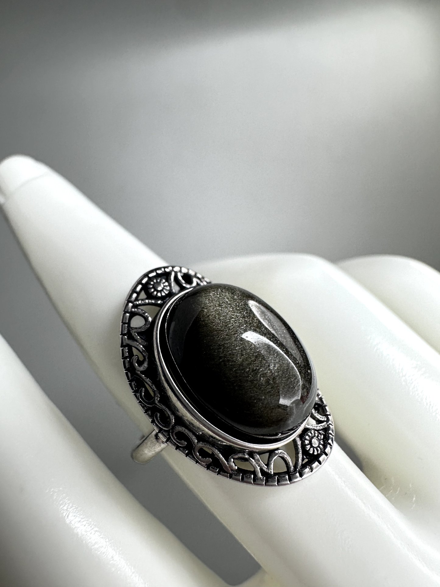 Statement Gold Sheen Obsidian Ring | Adjustable | Silver Plated | Flashy