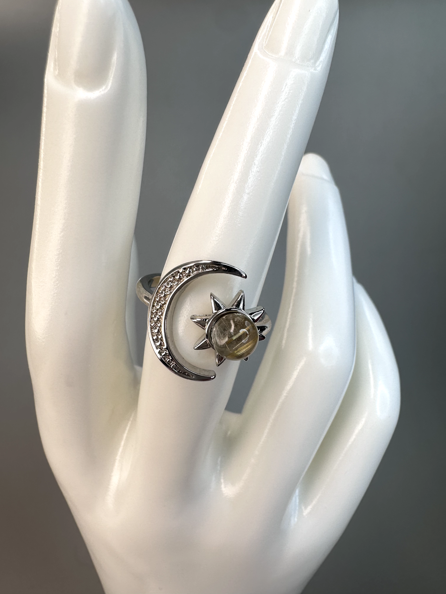 Golden Rutile Sun and Moon Ring | Adjustable | Silver Plated *RARE*