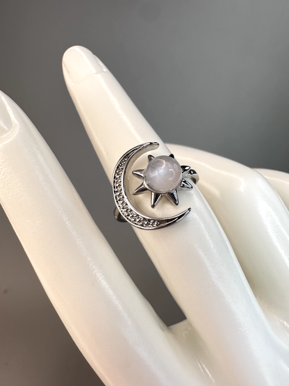 Moonstone Sun and Moon Ring | Adjustable | Silver Plated | Flashy