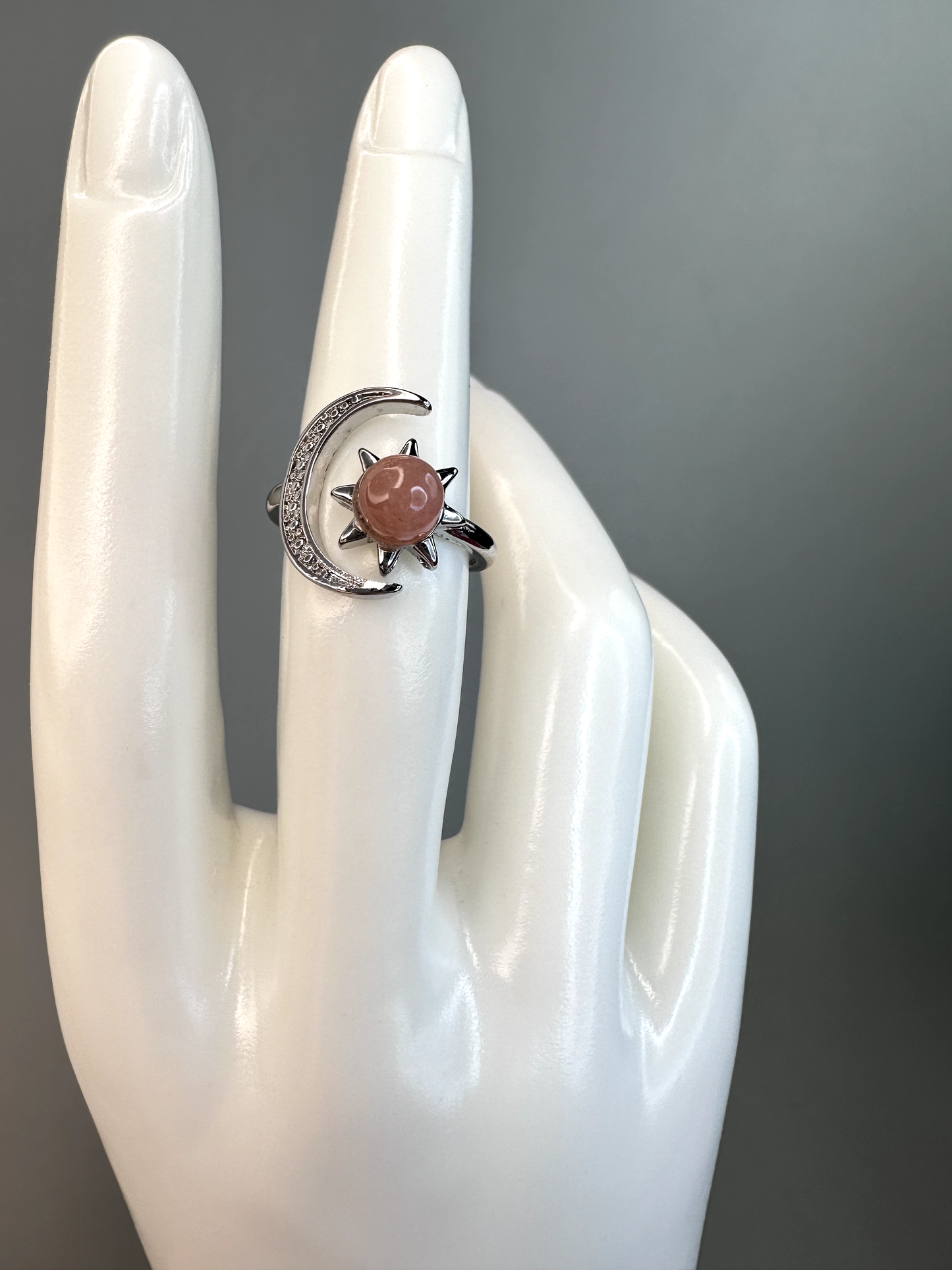 Peach Moonstone Sun and Moon Ring | Adjustable | Silver Plated | Flashy